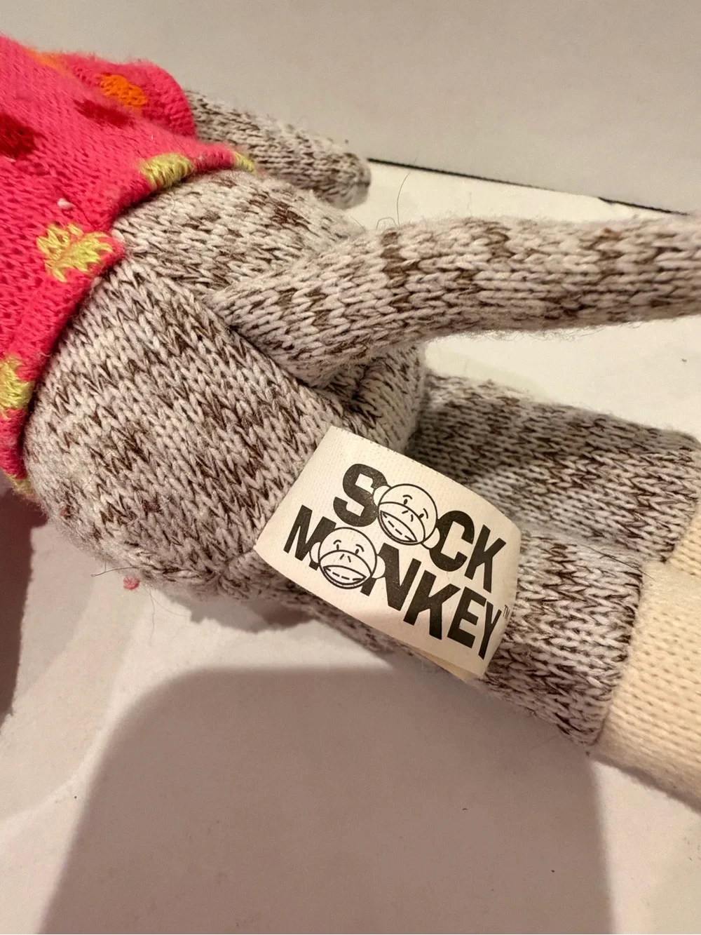 Hand-Knit Plush Monkey in Heather Gray with Pink Sweater